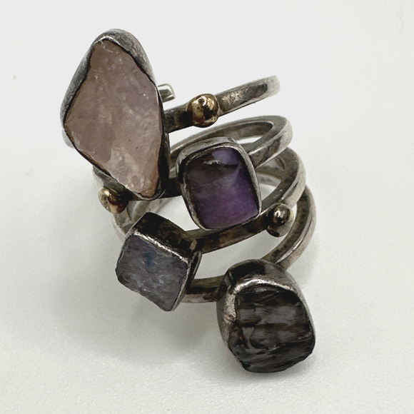 Lilly Barrack Artisan Sterling & 14k Gold 4 Gemstone Ring S 7.5 14g - Picture 10 of 12